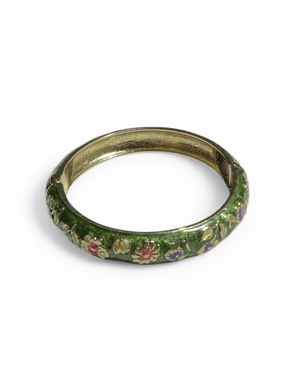 Vintage Green Floral Enamel Hinged Clamper Bracelet - Picture 3 of 4